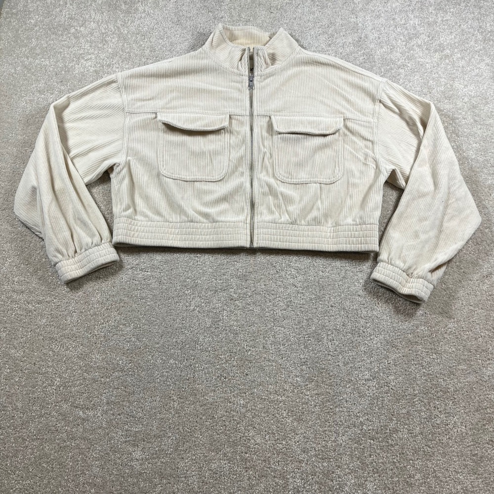 Aerie Corduroy Bomber Jacket Womens Large Cream Cropped Full Zip Mock Neck